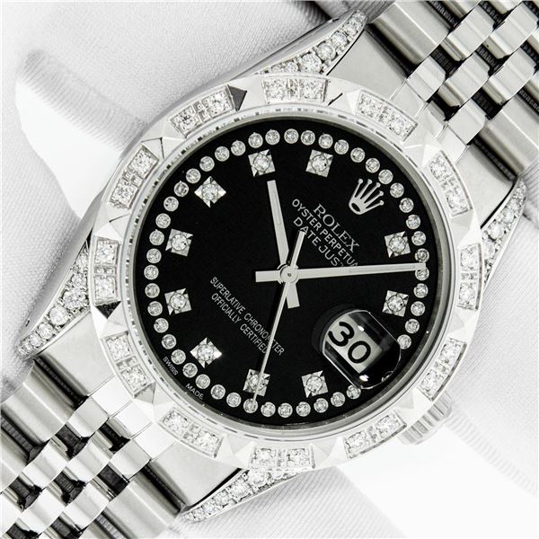 Rolex Men's Stainless Steel Black Diamond Pyramid Datejust Wristwatch