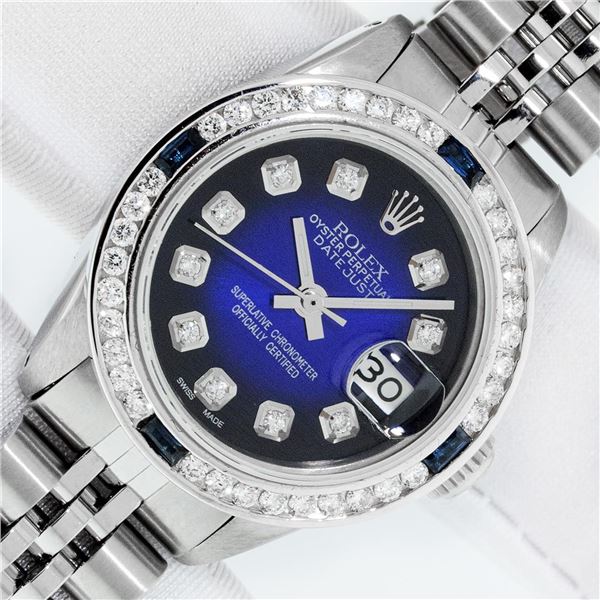 Rolex Ladies Stainless Steel Blue Vignette Diamond & Sapphire Datejust Wristwatch