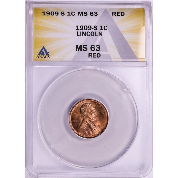 1909-S Lincoln Wheat Cent Coin ANACS MS63 Red