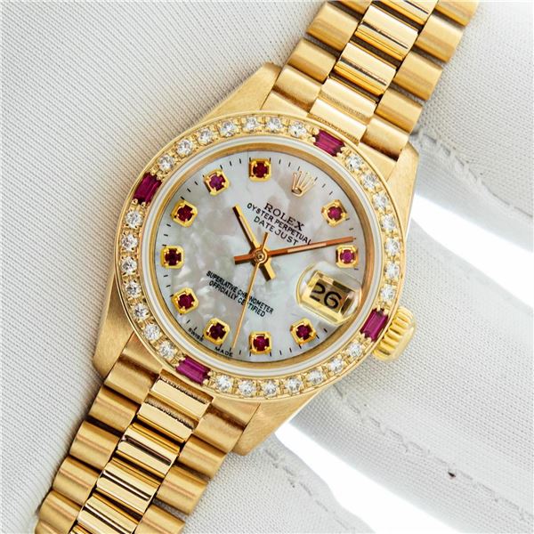 Rolex Ladies 18K Yellow Gold Diamond and Ruby President Wristwatch with Rolex Box