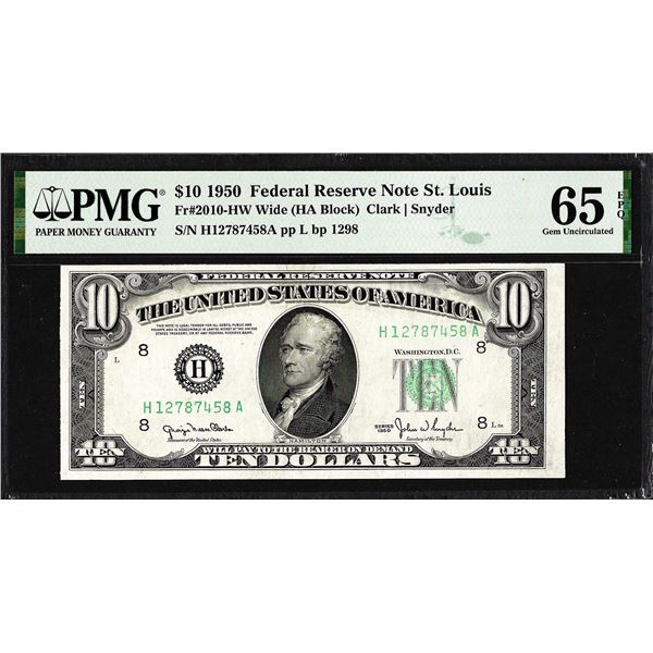 1950 $10 Federal Reserve Note St. Louis Fr.2010-HW PMG Gem Uncirculated 65EPQ