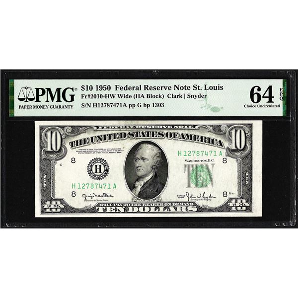 1950 $10 Federal Reserve Note St. Louis Fr.2010-HW PMG Choice Uncirculated 64EPQ