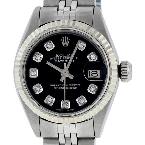 Rolex Ladies Stainless Steel Black Diamond Datejust Wristwatch