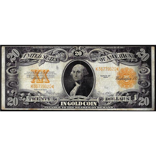 1922 $20 Gold Certificate Note