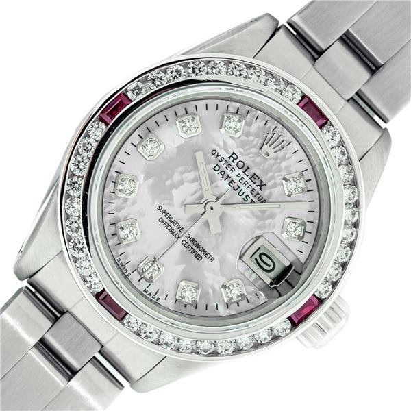 Rolex Ladies Stainless Steel Diamond and Ruby Datejust Wristwatch