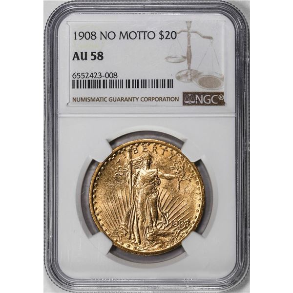 1908 No Motto $20 St. Gaudens Double Eagle Gold Coin NGC AU58