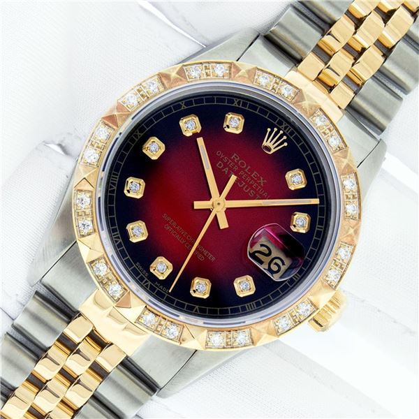 Rolex Men's Two Tone Red Vignette Pyramid Diamond Datejust