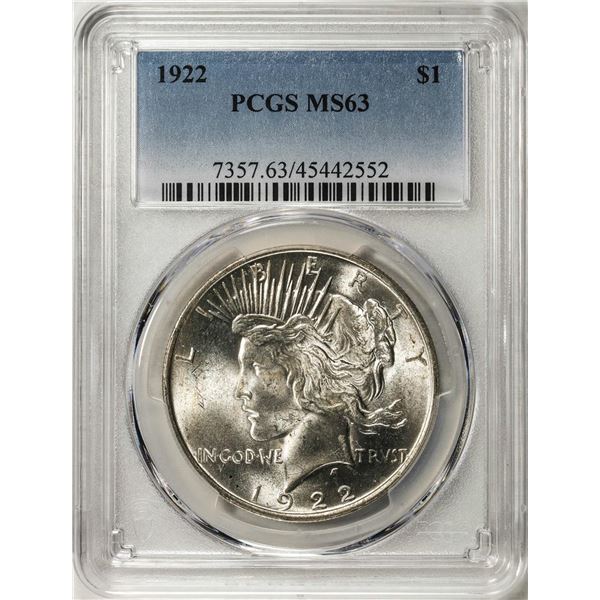 1922 $1 Peace Silver Dollar Coin PCGS MS63