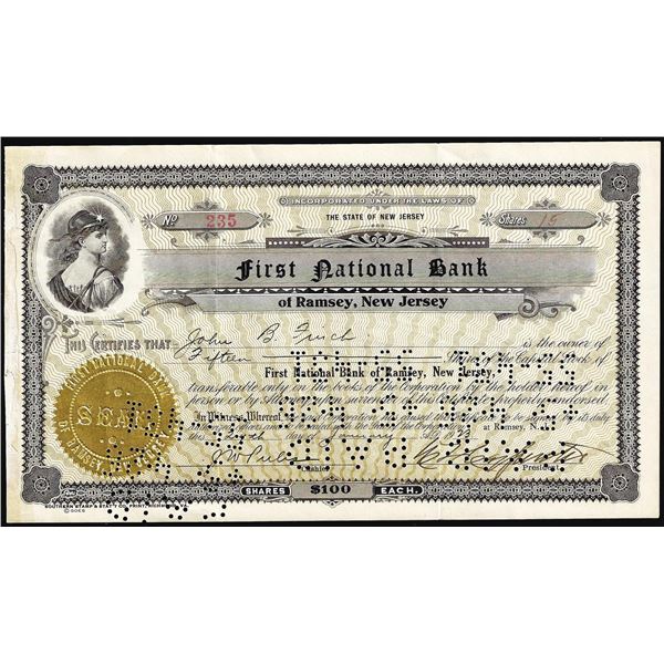 1926 First National Bank of Ramsey, New Jersey Stock Certificate