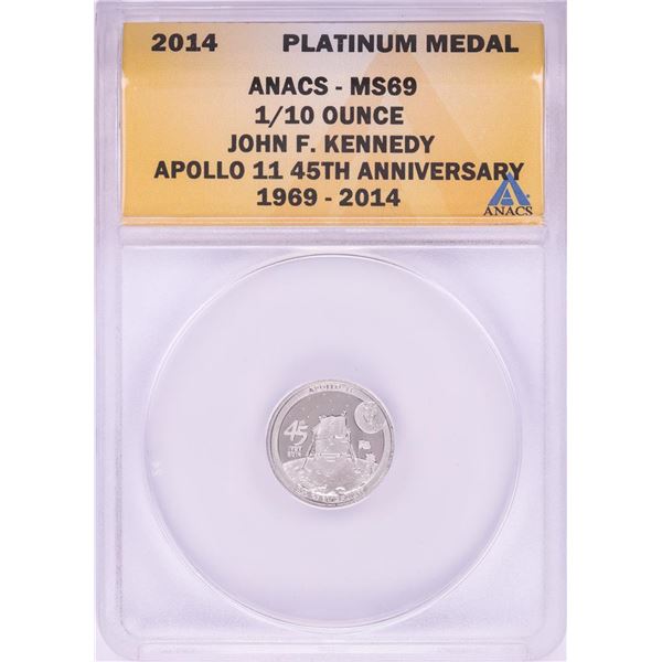 2014 Proof 1/10 oz Platinum JFK Apollo 11 Anniversary Medal ANACS MS69