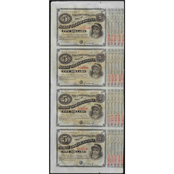 Uncut Sheet of (4) State of Louisiana Baby Bond Obsolete Notes