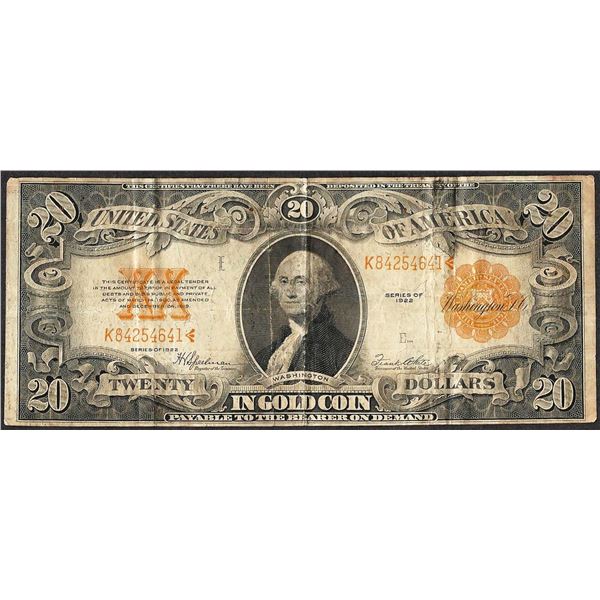 1922 $20 Gold Certificate Note