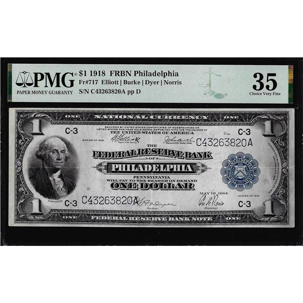 1918 $1 Federal Reserve Bank Note Philadelphia Fr.717 PMG Choice Very Fine 35