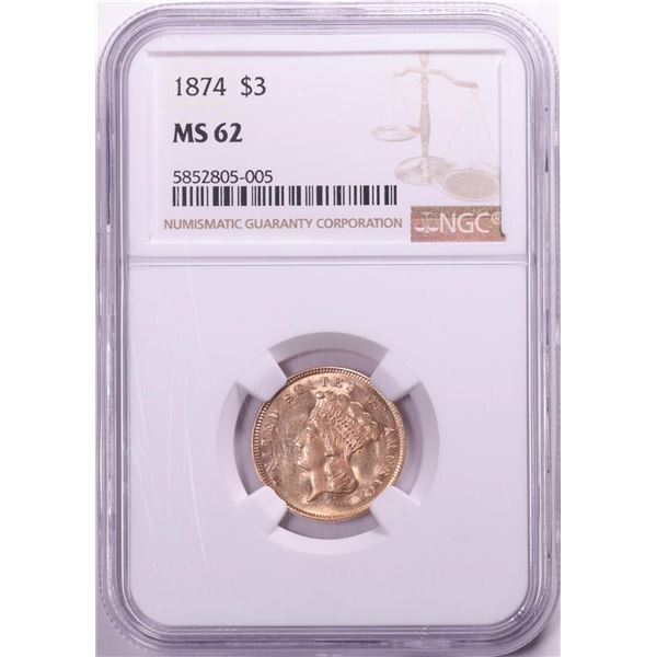 1874 $3 Indian Princess Head Gold Coin NGC MS62