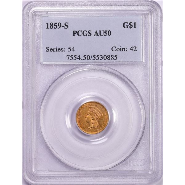 1859-S $1 Indian Princess Head Gold Dollar Coin PCGS AU50