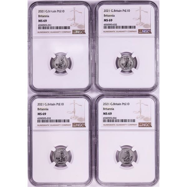 Lot of (4) 2021 Great Britain 10 Pounds Britannia 1/10oz Platinum Coins NGC MS69