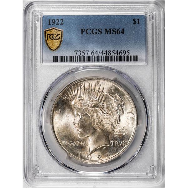 1922 $1 Peace Silver Dollar Coin PCGS MS64