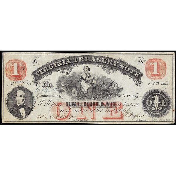 1862 $1 Virginia Treasury Obsolete Note