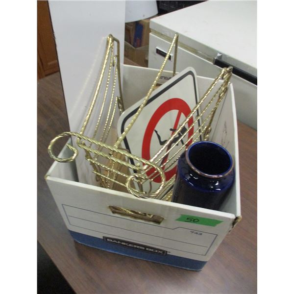 BOX C/W VASE, MAGAZINE RACK, 2 SIGNS, ETC