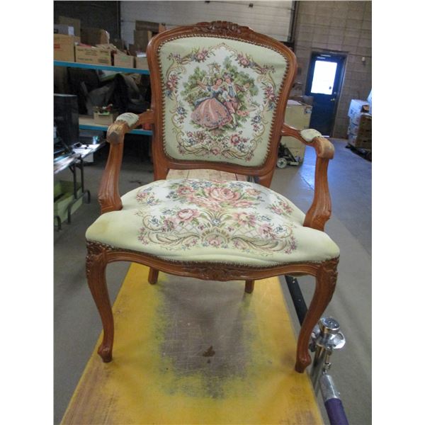 COLLECTIBLE:  ANTIQUE TAPESTRY STYLE ARM CHAIR