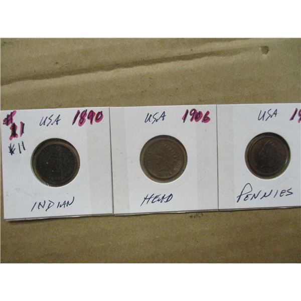 1890, 1906 & 1907 USA INDIAN HEAD PENNIES