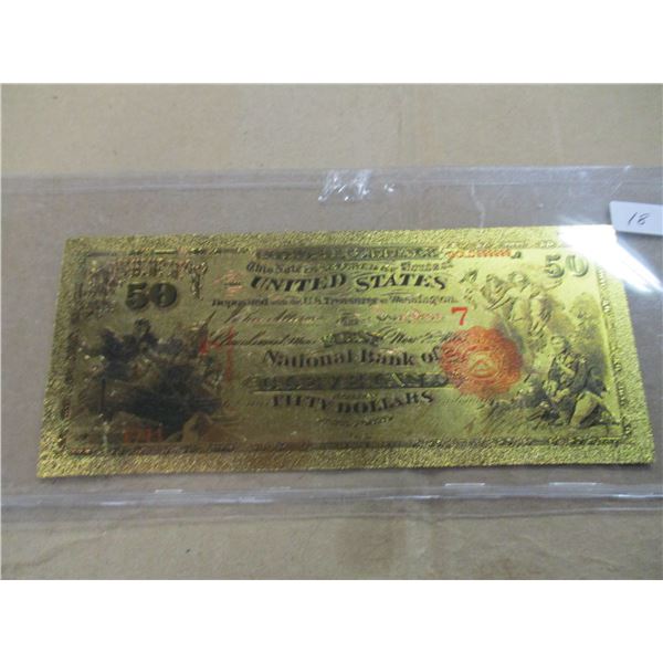 COLORIZED GOLD FOIL NATIONAL BANK OF CLEVELAND $50 BANK NOTE (NOT LEGAL TENDER)