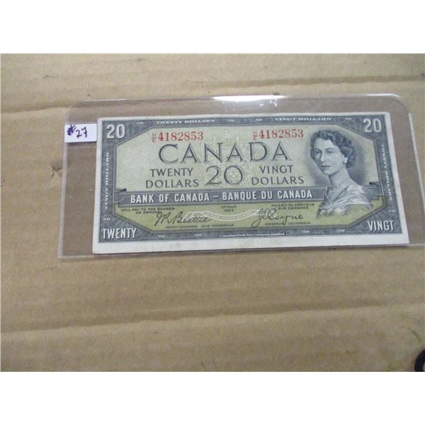 1954 MODIFIED HAIR DOO LEGAL TENDER CANADA $20 BILL