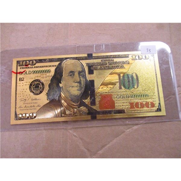 COLORIZED 24 KT GOLD FOIL US $100 BANK NOTE (NOT LEGAL TENDER)