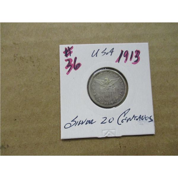 1913 USA SILVER 20 CENTAVOS