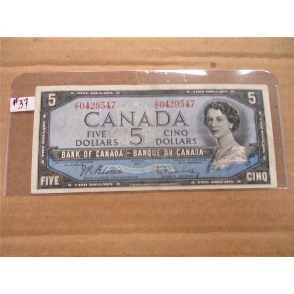 1954 MODIFIED HAIRDOO LEGAL TENDER CANADA $5 BILL