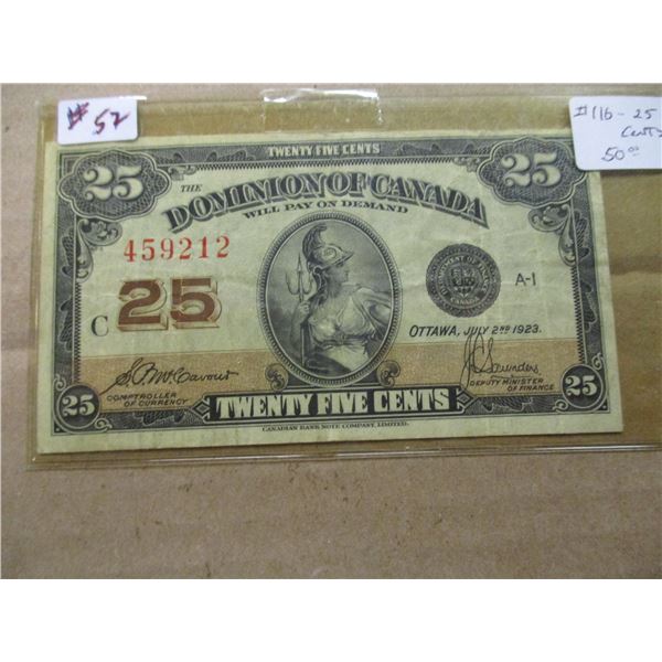 1923 DOMINION OF CANADA SCARCE 25 CENT SHINPLASTER BANK NOTE