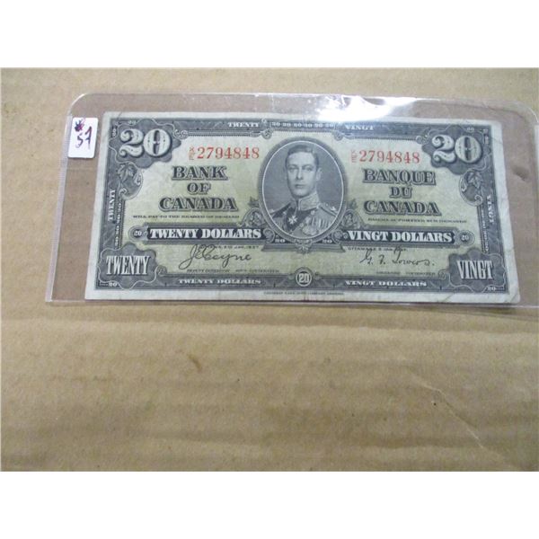 1937 BANK OF CANADA KING GEORGE VI LEGAL TENDER $20 BILL