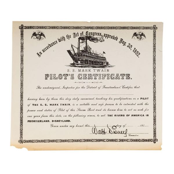 Disneyland S.S. Mark Twain Pilot's Certificate.
