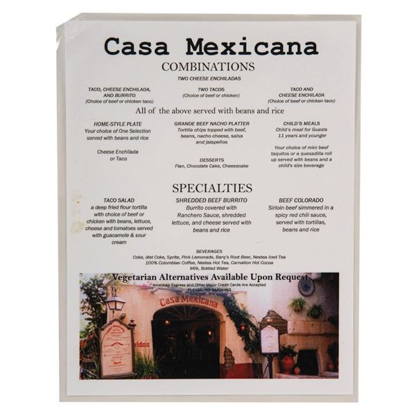 Casa Mexicana Menu.