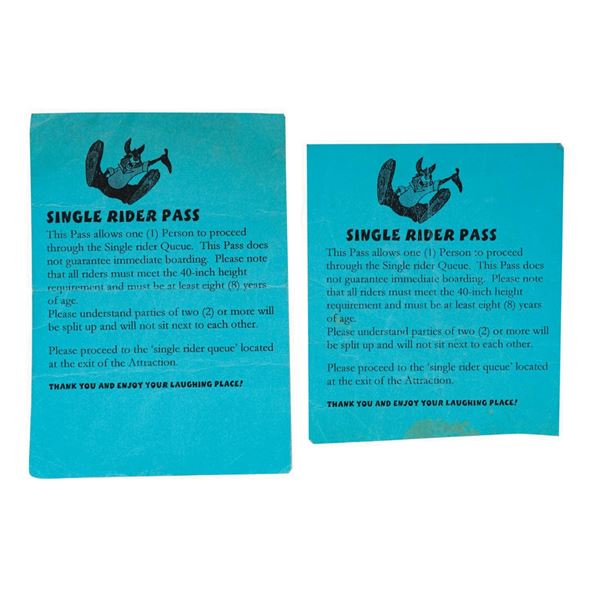 Pair of Splash Mountain Single Rider Passes.