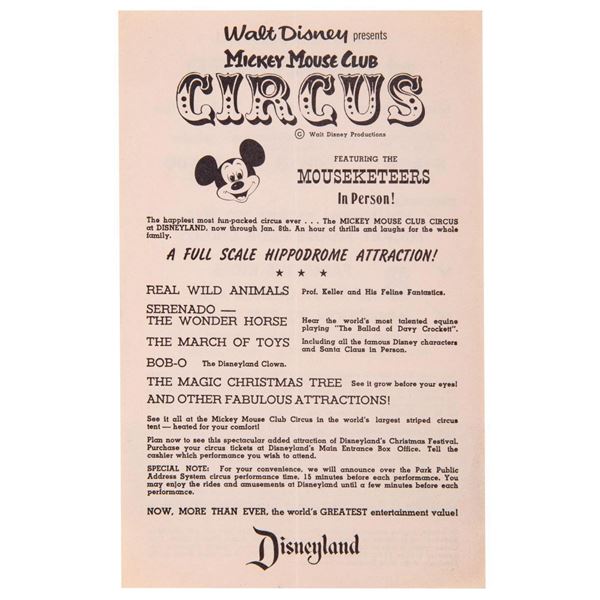 Mickey Mouse Club Circus Handbill.