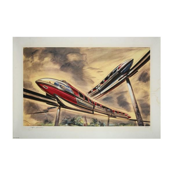 John Hench Signed Crossing Monorails Lithograph.