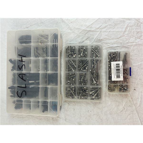 Lot of 3 RC Car Parts boxes with screws and bolts.