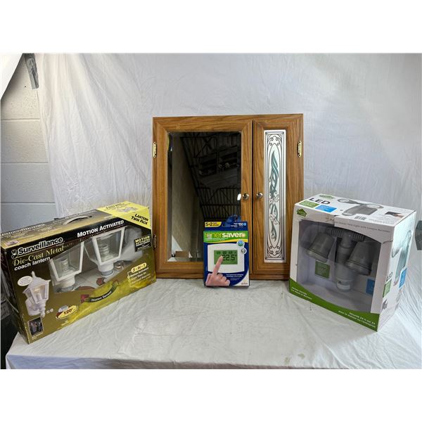 Motion sensor lights thermostat and cabinet