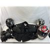 Image 2 : Three motorcycle helmets and riding jacket