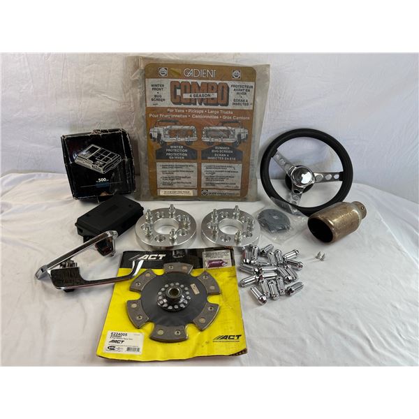 Mixed car parts including lug nuts, steering wheel ect.