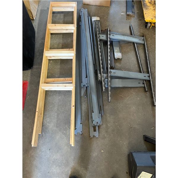 Mixed lot of wooden and metal shelfing pieces