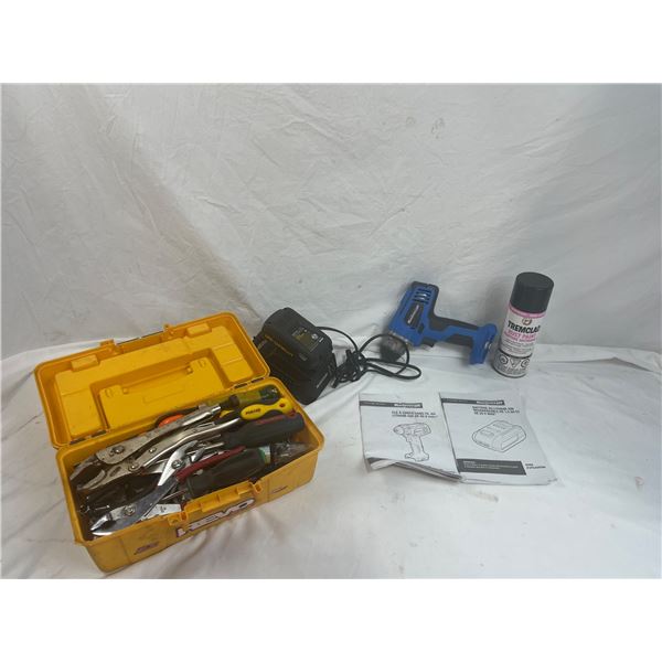 MasterCraft Cordless Impact Drill with Charger and Battery and Toolbox of assorted tools