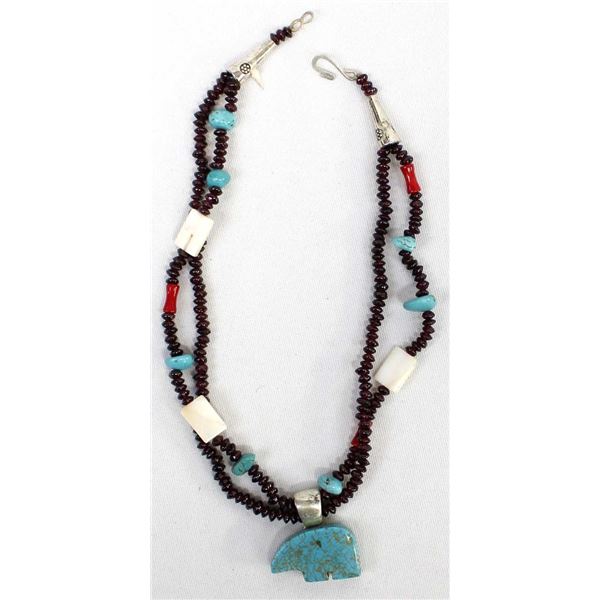 Turquoise, Coral, and Garnet Bead Necklace