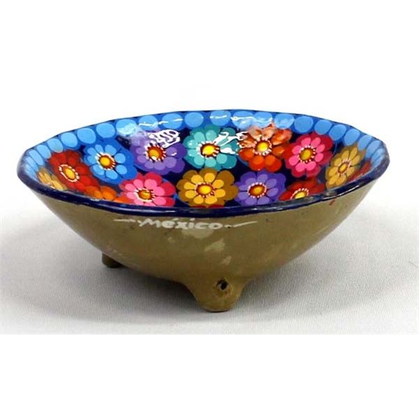 Mexican Tripod Glazed Pottery Salsa Bowl