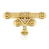 Image 1 : Vintage 18K Gold Diamond Matte Finish Dual Column Bar Brooch & Pearl Bead Dangle