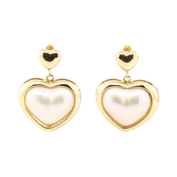 Heart Shaped Mother of Pearl Dangle Earrings - 14KT Yellow Gold