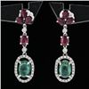 Image 2 : 18K White Gold 4.15 ctw Cabochon Emerald w/ Ruby Diamond Halo Drop Dangle Earrin