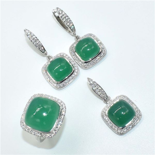 $1200 Silver GREEN ONYX Cz(36.5ct) Earring, Ring, Pendant SET