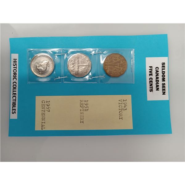 1916 & 1919 CANADIAN LARGE CENT PCS.; 1907- CANADIAN 'SILVER' .05¢; SELDOM SEEN (1943, 1951, 1967) C